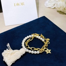 Christian Dior Blanc Perle Plaqué Or Jaune Lien Abeille Étoile Laine Pendentifs Double Usage Bijoux Collier Bracelet
