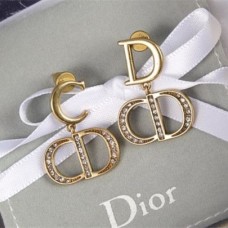 Christian Dior CD Logo Initial Pendentif Laiton Antique Métal Femmes Diamants Boucles D'oreilles Pour