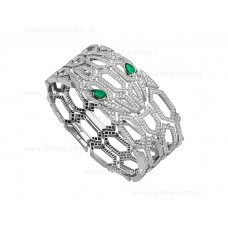 Bracelet jonc Bvlgari Serpenti en or blanc 18 carats serti d'yeux émeraude et de diamants entièrement pavés