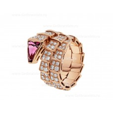 Bague Bvlgari Serpenti Viper Twp-Coil en or rose 18 carats avec diamants entièrement pavés et rubellite sur la tête