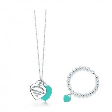 Tiffany Double Coeur Tag Pendentif Collier Bleu Émail Charme Perle Bijoux