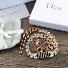 Dior DIOR Logo Charm Chaîne épaisse Marquise Diamant Femmes Laiton Antique Blanc Cristal Faux Collier