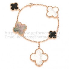 Van Cleef Arpels Bracelet Magic Alhambra 5 Motifs Or Rose Avec Nacre Grise Blanche Agate Noire