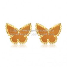 Van Cleef Arpels Boucles D'oreilles Papillon Sweet Alhambra Or Jaune Avec Oeil De Tigre Nacre