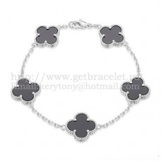 Van Cleef Arpels Bracelet Alhambra 5 Motifs Or Blanc Avec Agate Noire Nacre