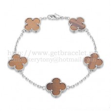 Van Cleef Arpels Bracelet Alhambra 5 Motifs Or Blanc Avec Oeil De Tigre Nacre