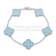 Van Cleef Arpels Bracelet Alhambra 5 Motifs Or Blanc Avec Nacre Turquoise