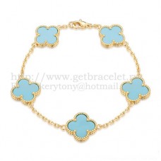 Van Cleef Arpels Bracelet Alhambra 5 Motifs Or Jaune Avec Nacre Turquoise