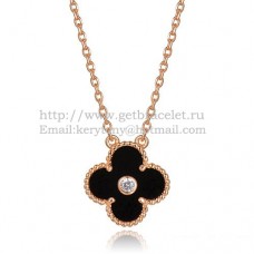 Van Cleef Arpels Pendentif Alhambra Or Rose Avec Agate Noire Nacre Diamants Ronds