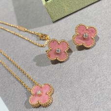 Van Cleef Arpels Pendentif et boucles d'oreilles Alhambra Champagne Or avec diamant et rhodonite